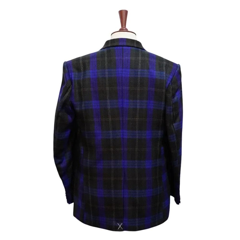 Mens Wool Sport Coat 44R Black Royal Blue Plaid Blazer 2 Button Wedding Formal